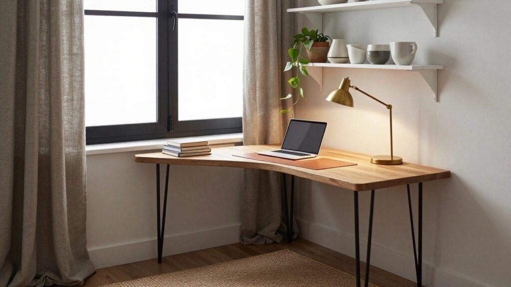 A wooden desk with black legs is positioned in a corner beneath two white floating shelves that hold vases, books, and a potted plant, with a window to the left.