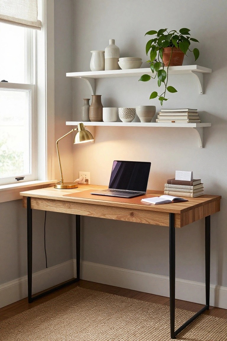 A wooden desk with black legs is positioned in a corner beneath two white floating shelves that hold vases, books, and a potted plant, with a window to the left.