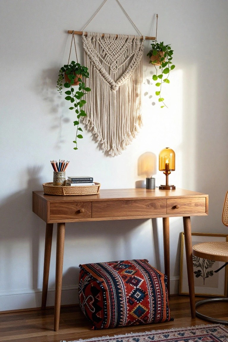 Wooden desk with macrame wall hanging, plants, amber lamp, and patterned pouf.