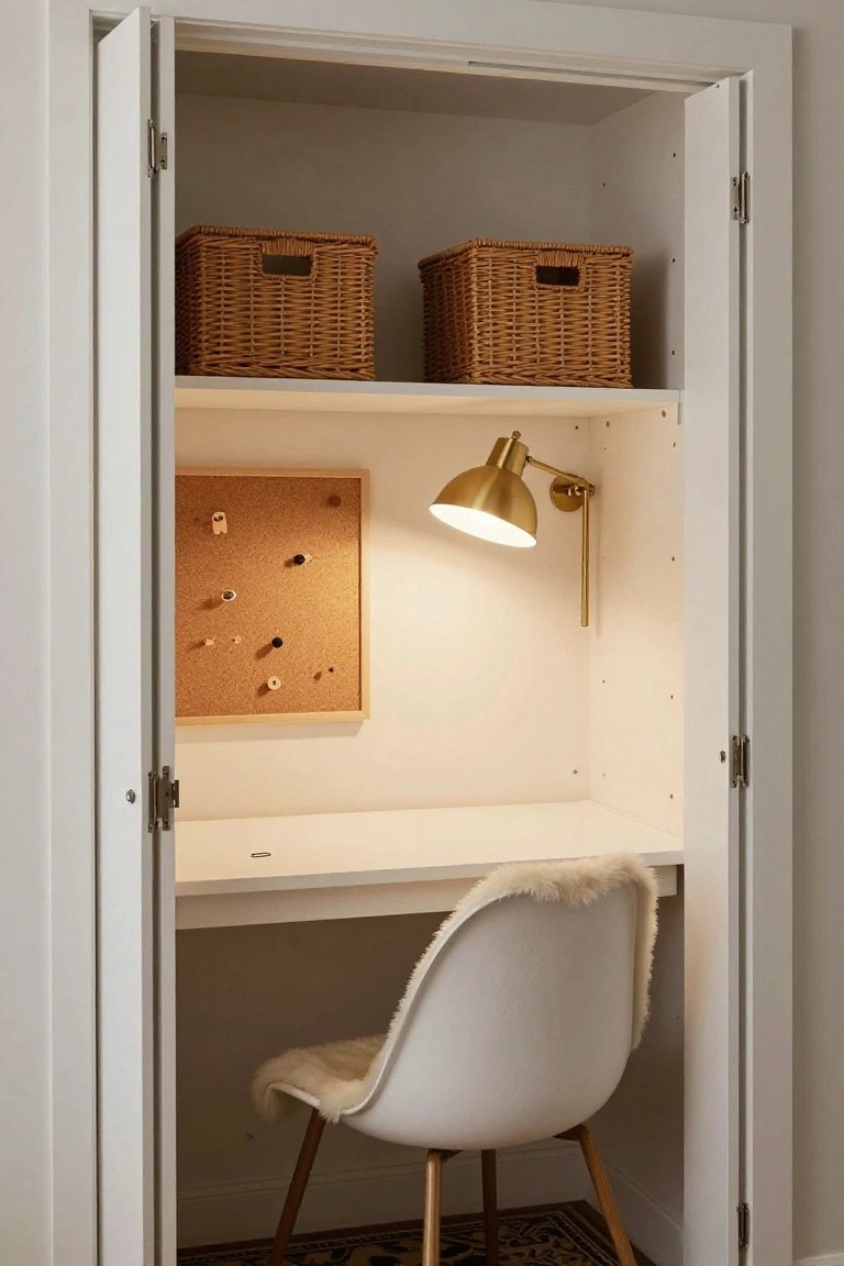 A white built-in desk set inside an open closet with a white chair, brass wall lamp, corkboard, and two wicker baskets on the top shelf.