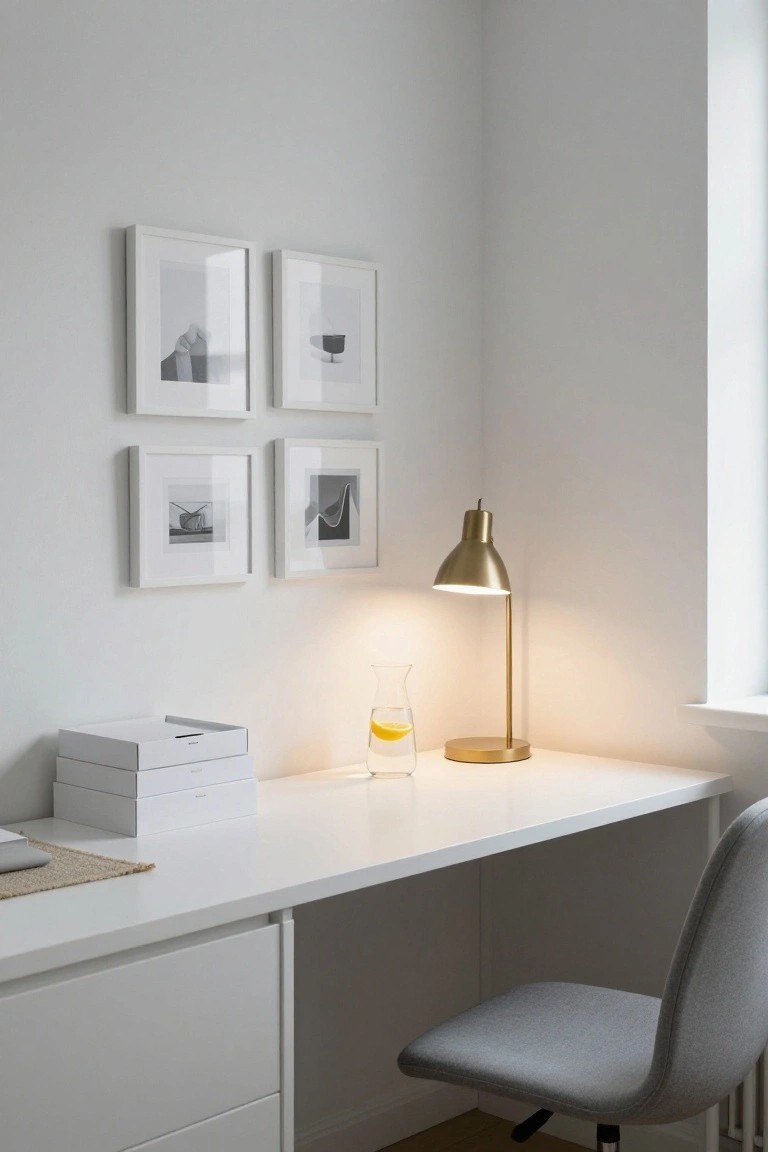 A white corner desk with a gray upholstered chair, brass desk lamp, glass pitcher, stacked white boxes, and four framed black and white photos arranged on the wall above.