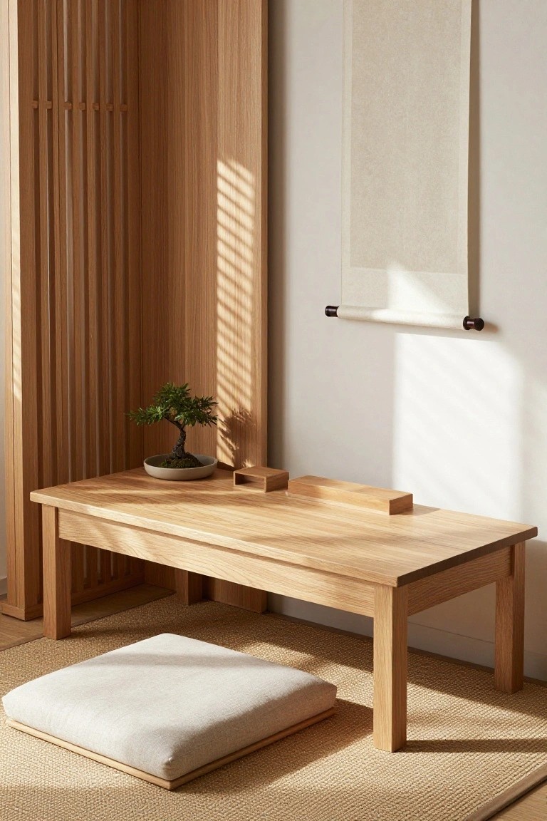 A low wooden table holding a small bonsai and two wooden blocks sits on a woven mat beside a light cushion, with a hanging scroll visible on the wall behind.