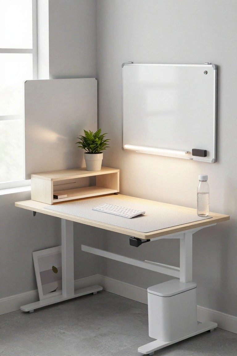 Modern white height-adjustable desk with keyboard, plant, and whiteboard.
