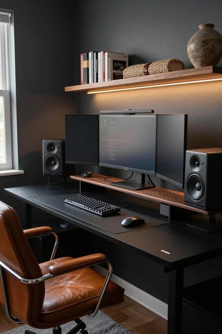 Modern home office with three monitors, leather chair, and wooden shelf.