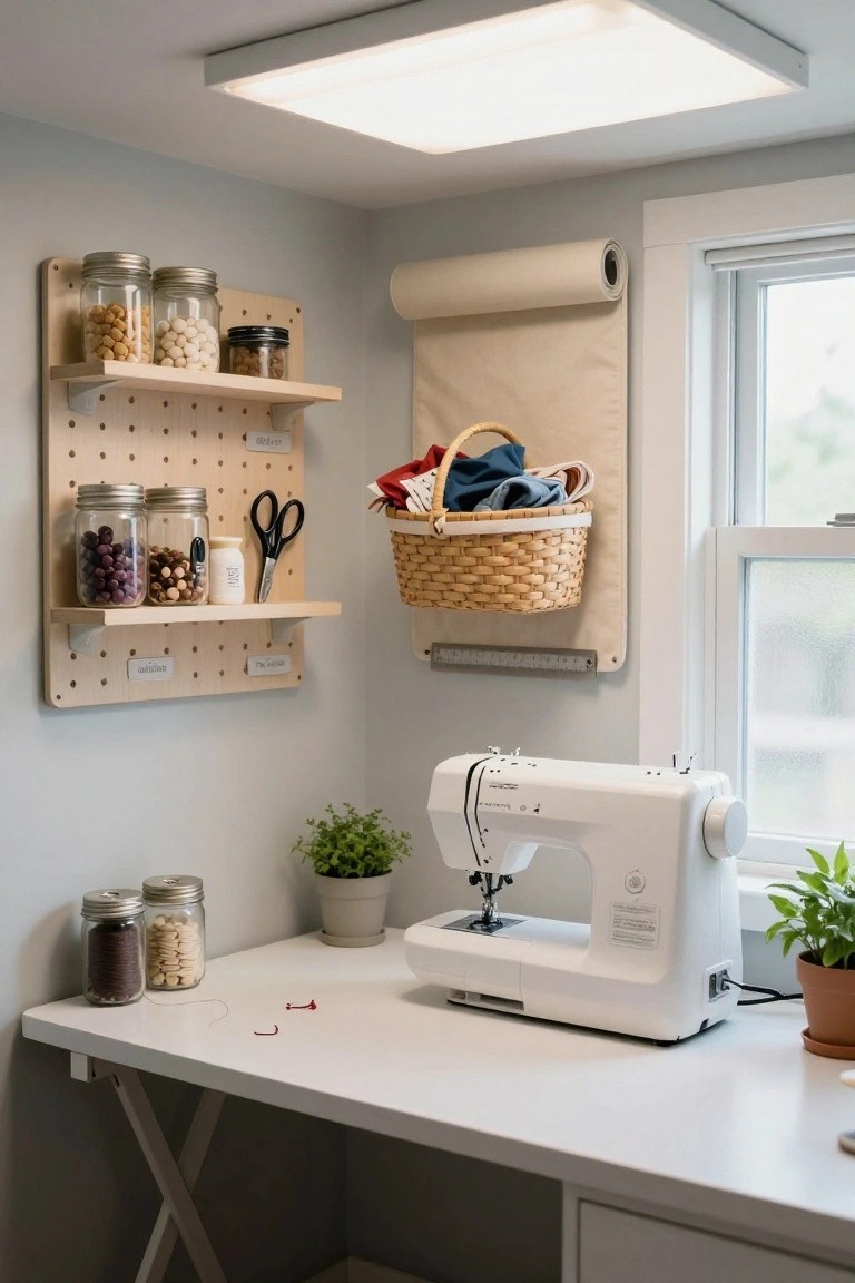 A sewing machine on a white desk sits below a wooden pegboard holding glass jars of supplies and scissors, with a hanging basket on a rolled fabric panel nearby.