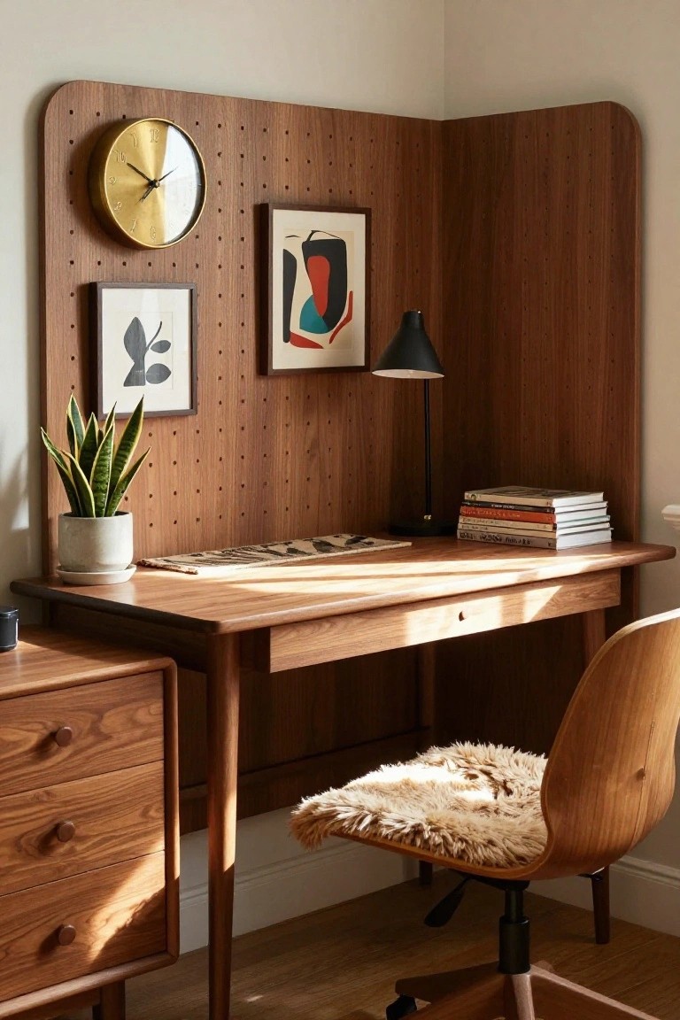 Mid-century wooden desk with chair, pegboard, clock, and plants in sunlit corner.