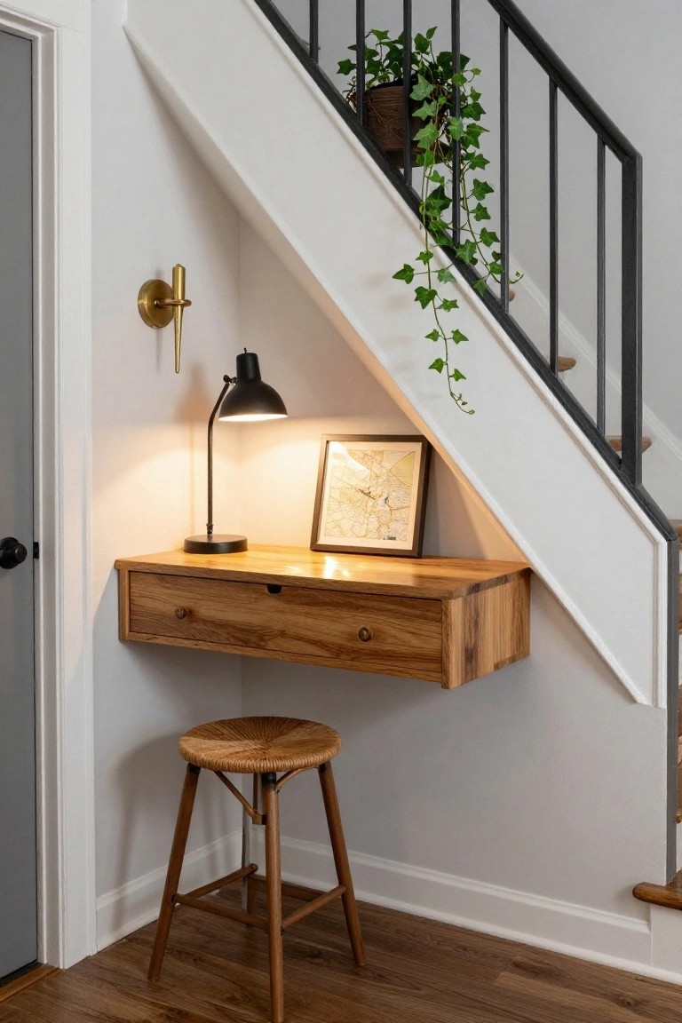 Wooden floating desk with stool under white staircase, black lamp, framed map.
