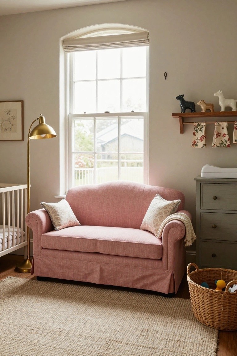 Blush pink upholstered loveseat in a light gray nursery beside a white crib, gray dresser, gold floor lamp, and window with natural light.