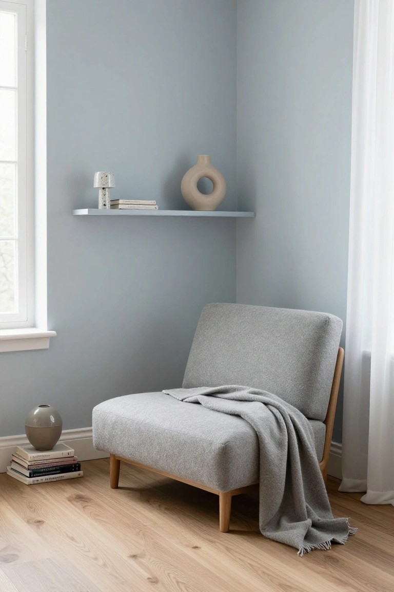 Gray upholstered low armchair with wooden legs and draped gray throw blanket in a pale blue bedroom corner, next to a floating shelf holding a lamp, books, and white vase, with a gray floor vase and stacked books on light wood flooring.
