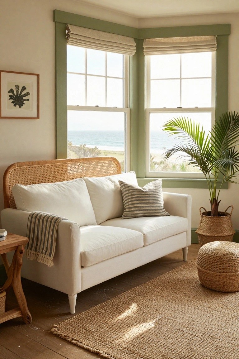White two-seater sofa with rattan headboard in a bedroom corner next to tall green-framed windows showing an ocean view, with a potted palm plant in a basket, wooden side table, striped throw, and woven pouf on a seagrass rug.