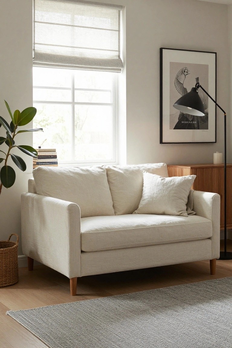 Cream linen loveseat sofa in a light bedroom corner next to a window with sheer blinds, a potted rubber plant, stack of books, wooden cabinet, and black floor lamp.