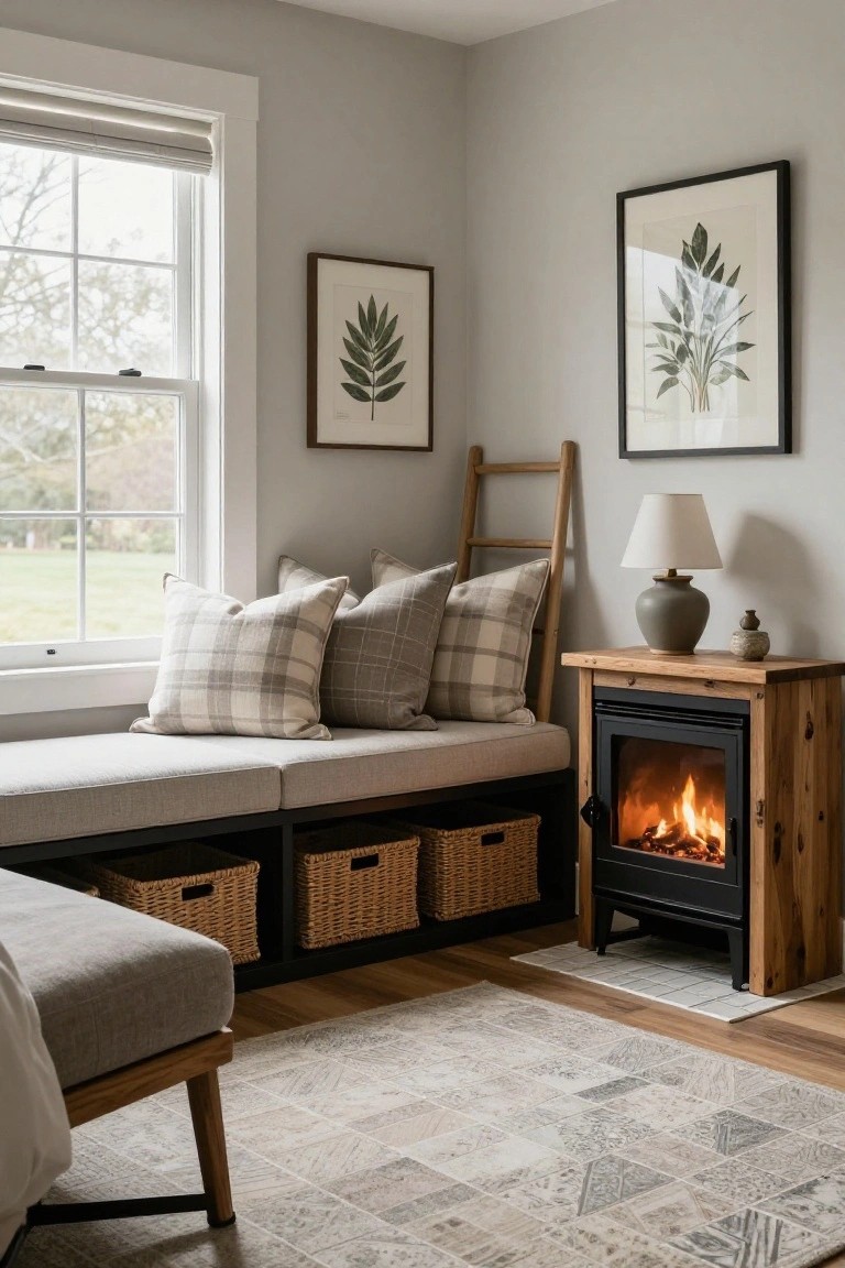 Light gray bedroom corner with beige cushioned bench piled with plaid and gray pillows, wicker baskets in black storage cubbies below, wooden stove with fire burning beside it, ladder leaning on wall, lamp and vase on wood side table, framed botanical prints, and window overlooking yard.