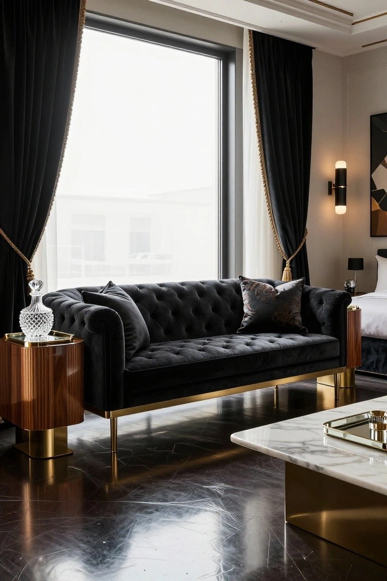 Black tufted velvet sofa with gold legs and pillows next to a window with heavy drapes in a bedroom with marble table and bed visible.