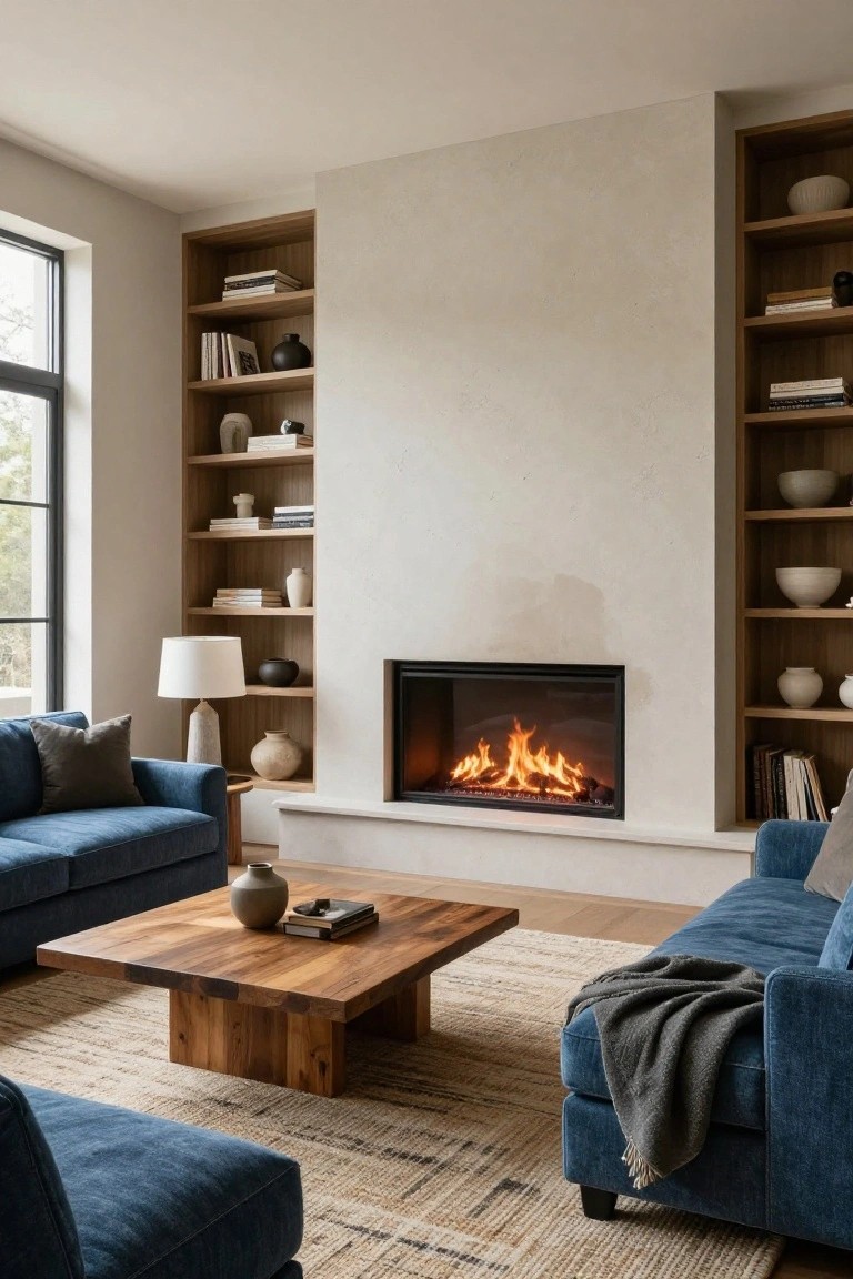 Living room featuring two navy blue velvet sofas arranged around a low wooden coffee table on a woven rug, facing a fireplace flanked by tall wooden bookshelves filled with books and ceramics.