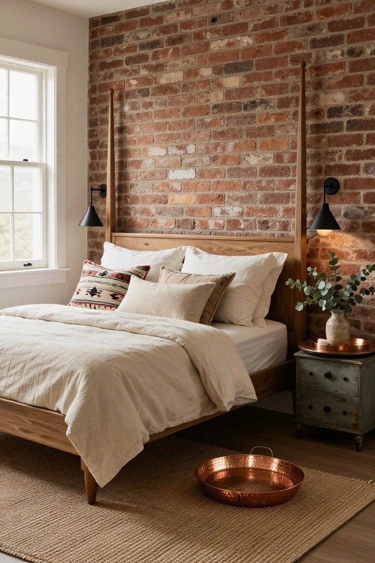 Wooden four-poster bed with white linen bedding and patterned pillows set against an exposed brick wall in a bedroom, with wall sconces, a green metal nightstand holding a vase of eucalyptus, a copper tray on a seagrass rug, and a window nearby.