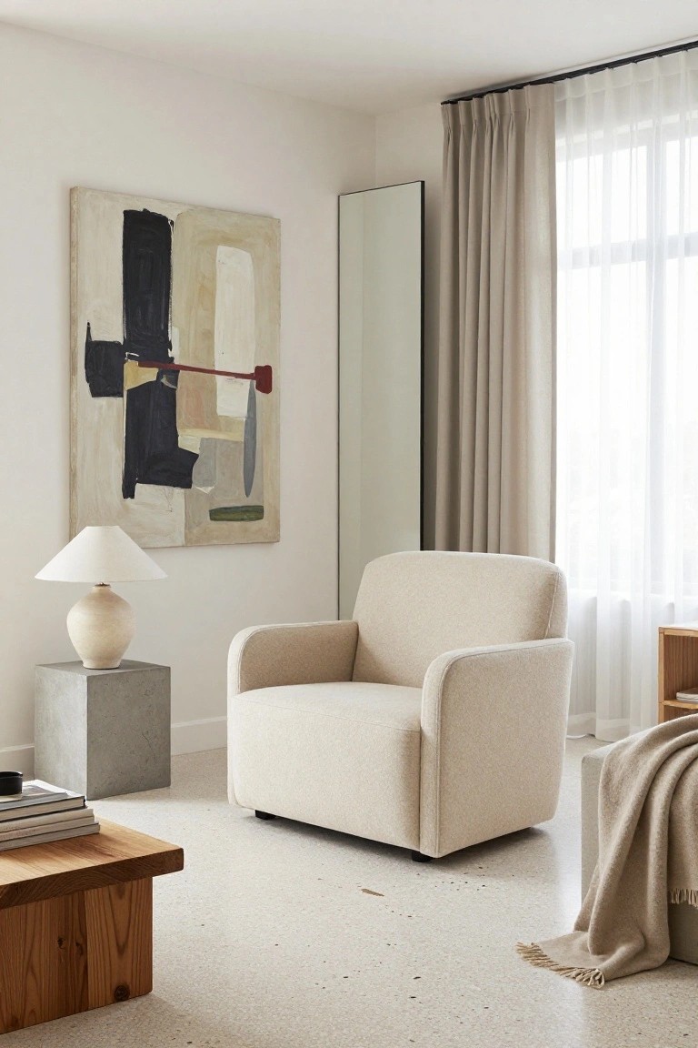 Cream upholstered armchair beside a bed bench with throw in a minimalist bedroom with abstract wall art, concrete pedestal lamp, wooden coffee table with books, freestanding mirror, and sheer curtains over a window.