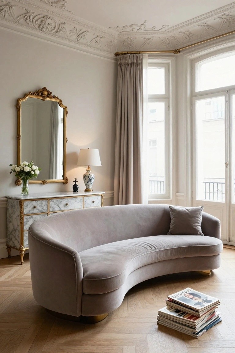 Curved light gray velvet sofa in a beige room with gold ornate mirror, marble and gold dresser holding white flowers lamp and vase, large curtained windows with balcony view, and stacked magazines on herringbone wood floor.
