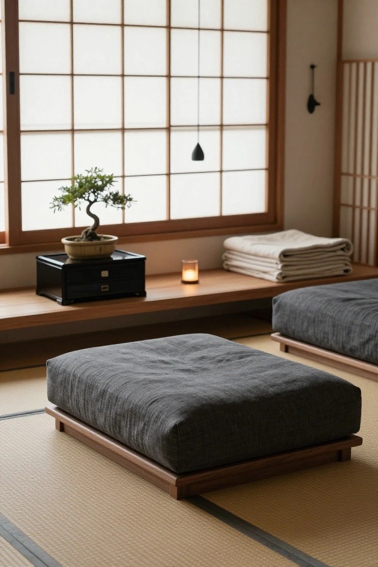 Japanese-style interior room featuring shoji screen windows, a bonsai tree on a black box atop a wooden shelf, stacked white linens, a candle, and two gray zabuton cushions on a low wooden platform over tatami mats.