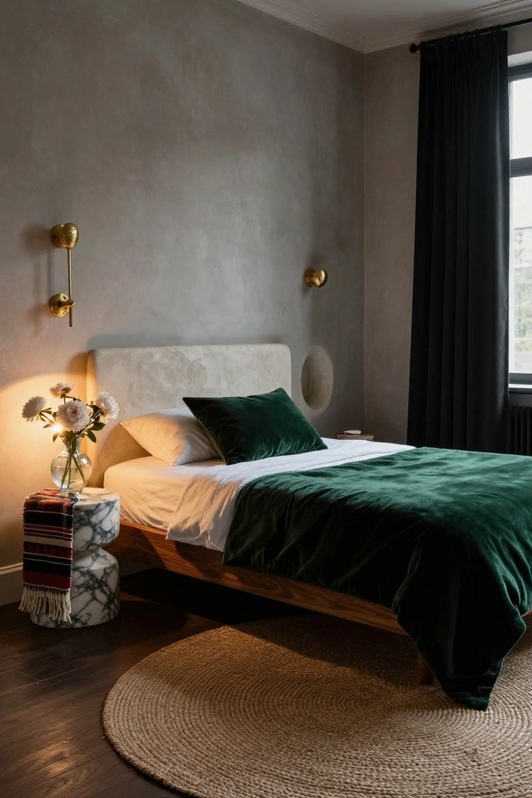 Corner of a bedroom featuring a low wooden platform bed with white sheets, green velvet duvet and pillows, a marble pedestal nightstand holding a glass vase of white flowers and a colorful scarf, textured gray walls with gold sconces, black curtains over a window, and a round seagrass rug on wood flooring.