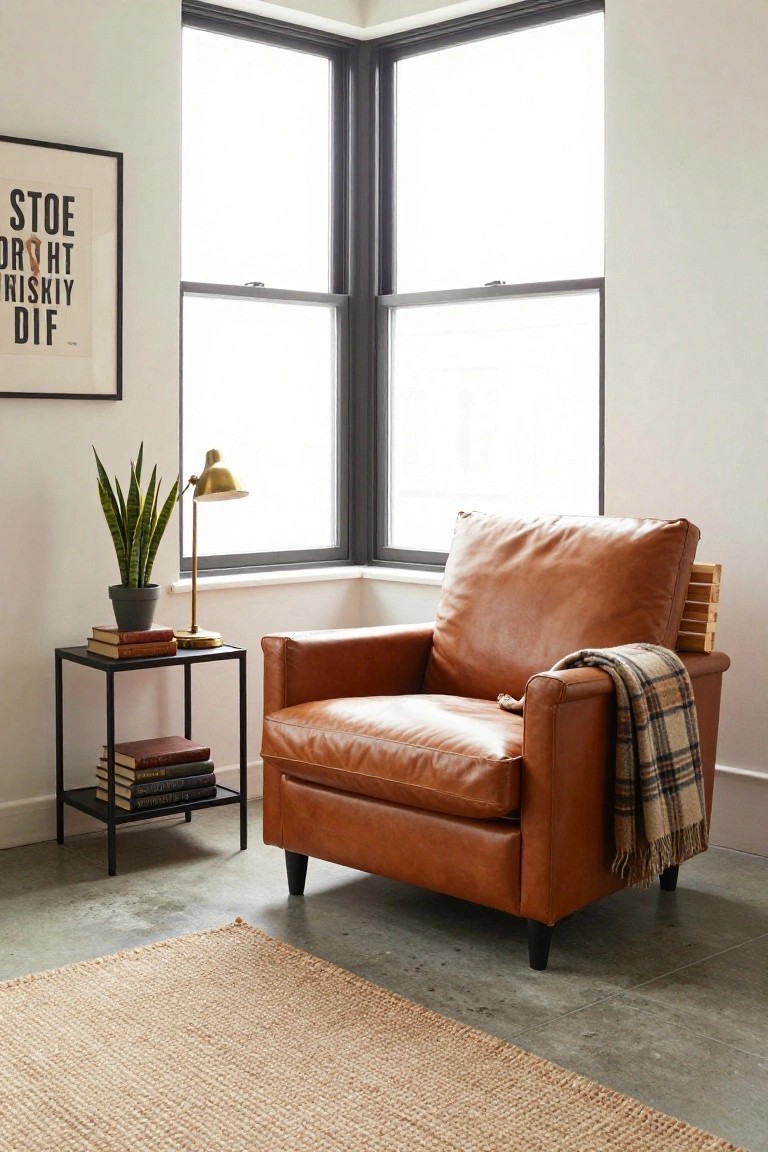 Tan leather armchair in a room corner by black-framed corner windows, with black metal side table holding books, gray pot snake plant, and brass arc lamp, plaid throw on chair arm, beige seagrass rug on concrete floor.