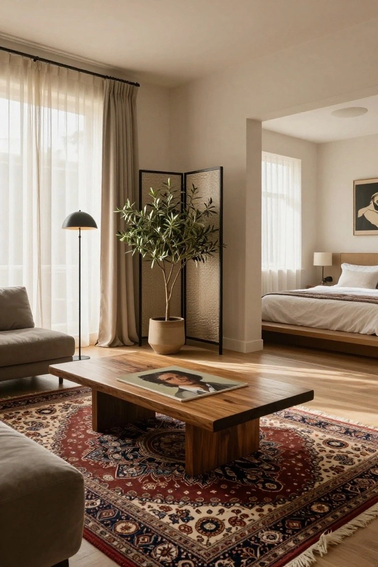 Modern bedroom with low gray sofa and ottoman on red Persian rug, wooden coffee table holding magazine, olive tree in pot, shoji screen divider, and platform bed in adjacent area with sheer curtains on windows.