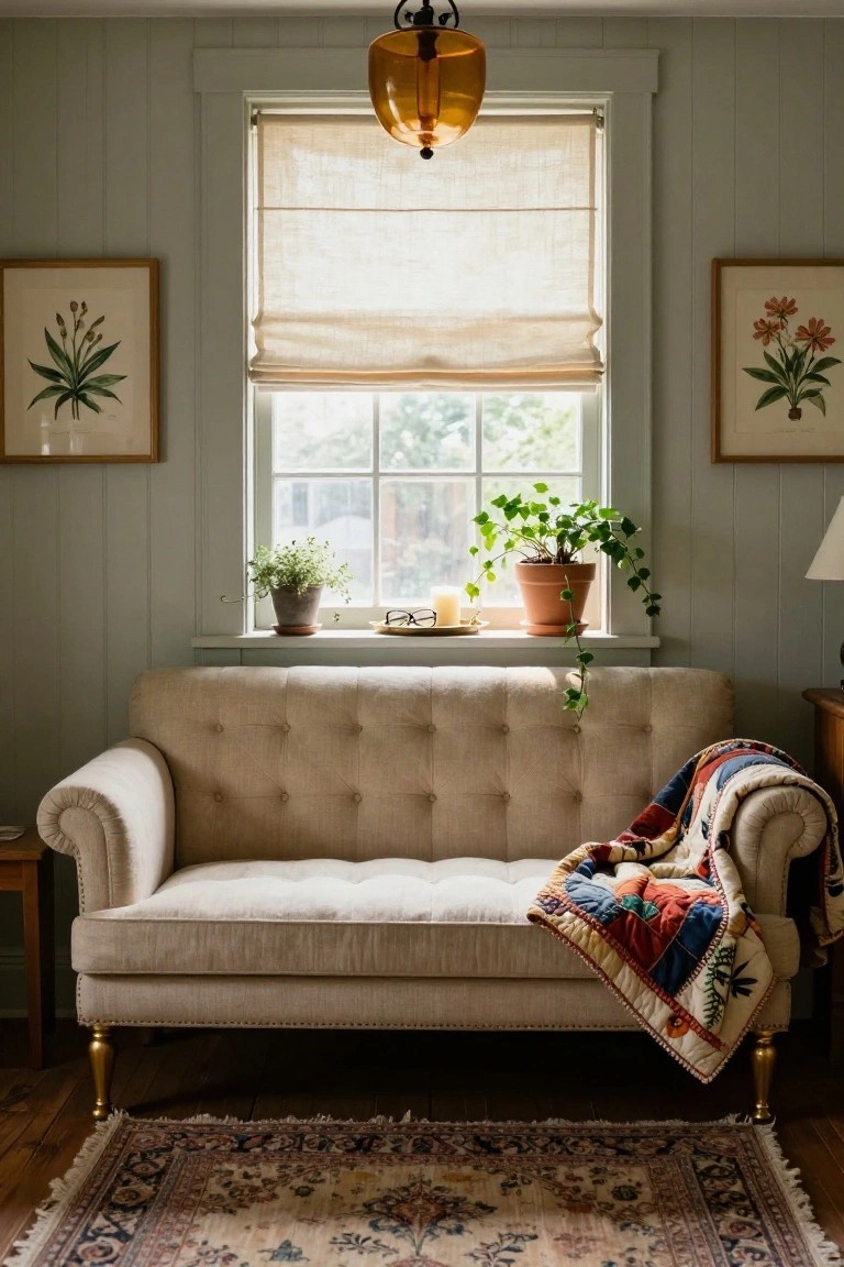 Cream tufted loveseat with colorful quilt draped over arm in green paneled room with window, plants, botanical prints, and rug on wood floor.