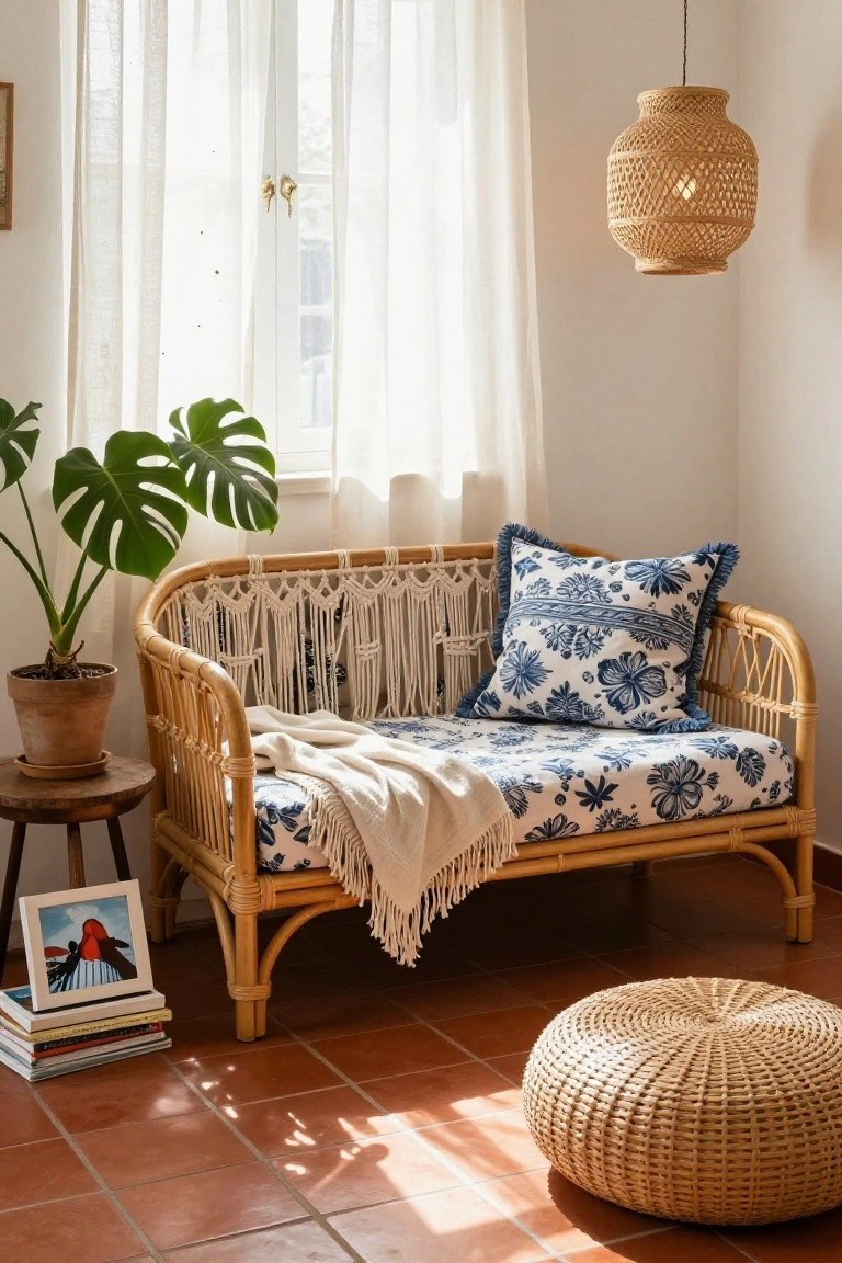 Sunlit indoor corner with rattan loveseat featuring macrame back and blue floral cushions plus white throw, monstera plant in terracotta pot next to wooden side table with books and photo frame, woven ottoman on terracotta tile floor, sheer curtains over window, rattan pendant lamp overhead.