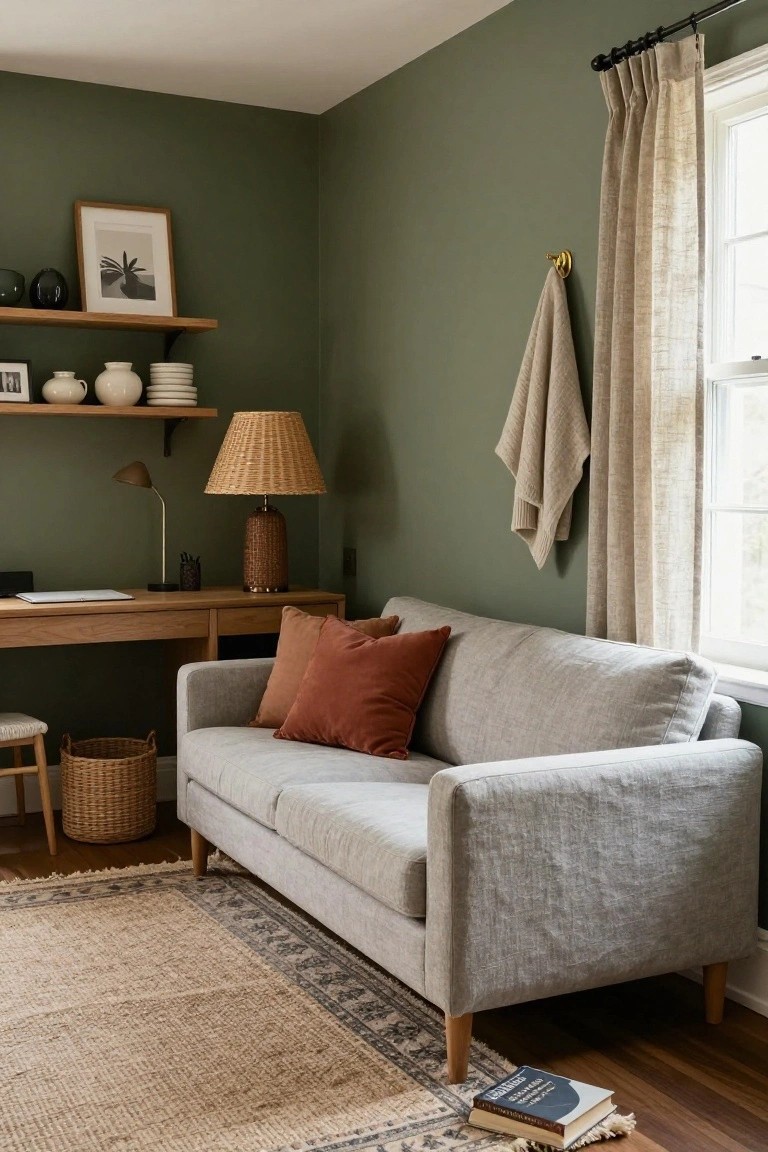 Sage green living room with gray sofa, wooden desk, and woven accents.