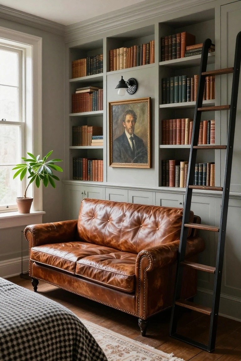 Cozy bedroom corner with a tufted brown leather loveseat next to gray built-in bookshelves and sliding wooden ladder, a framed portrait painting on the wall, potted plant by the window, and edge of a bed on a patterned rug in the foreground.