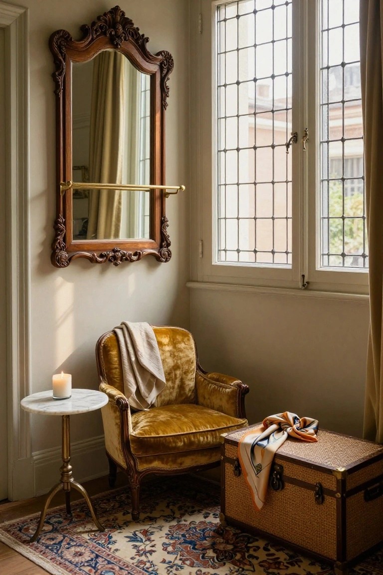 Corner of a light-colored room with tall gridded windows, an ornate wooden mirror with towel bar, yellow velvet armchair draped with a cream throw, small white marble-topped pedestal table holding a white candle, orange-patterned scarf on a wicker trunk with brass fittings, and a multicolored Persian-style rug on wood floors.