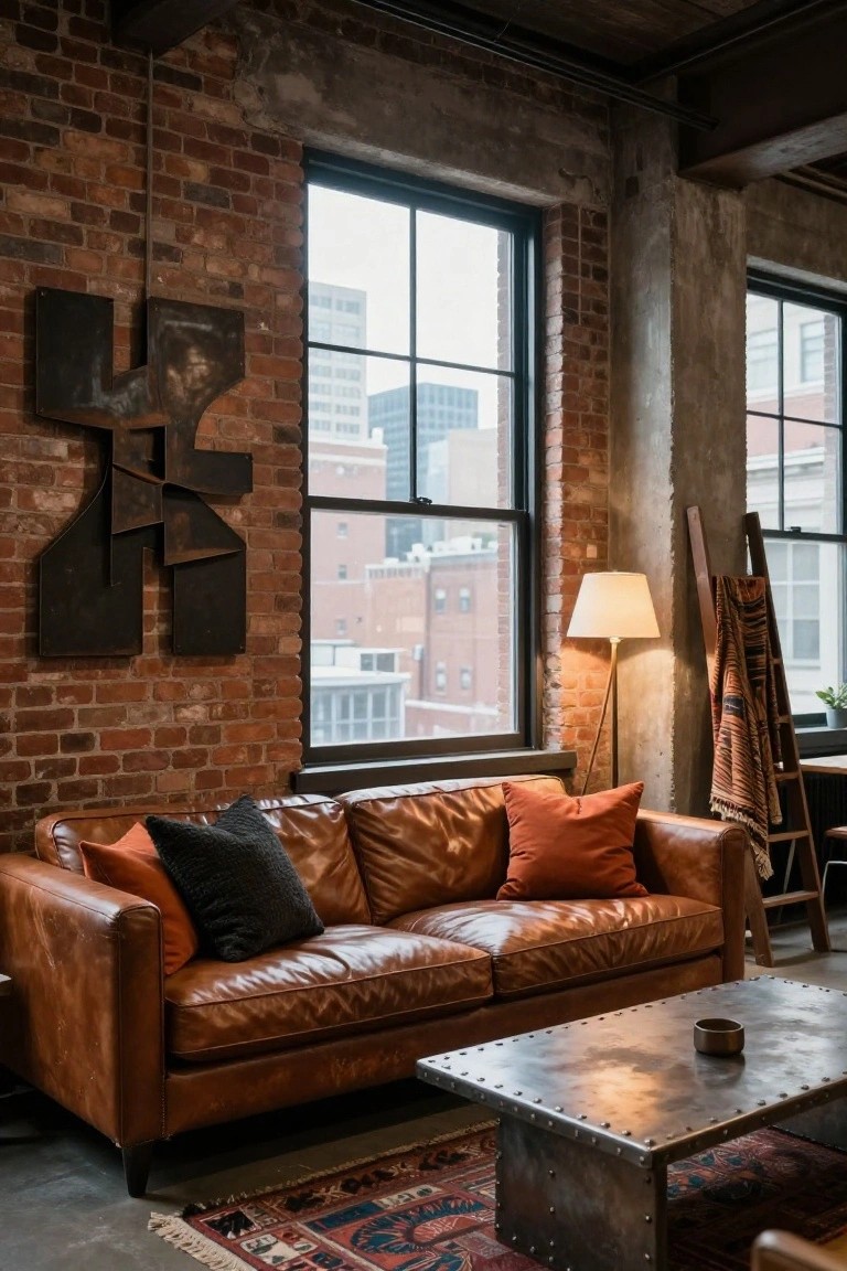 Tan leather two-seater sofa with orange and black pillows in an industrial-style room featuring exposed brick walls, large windows, metal coffee table, and patterned rug.