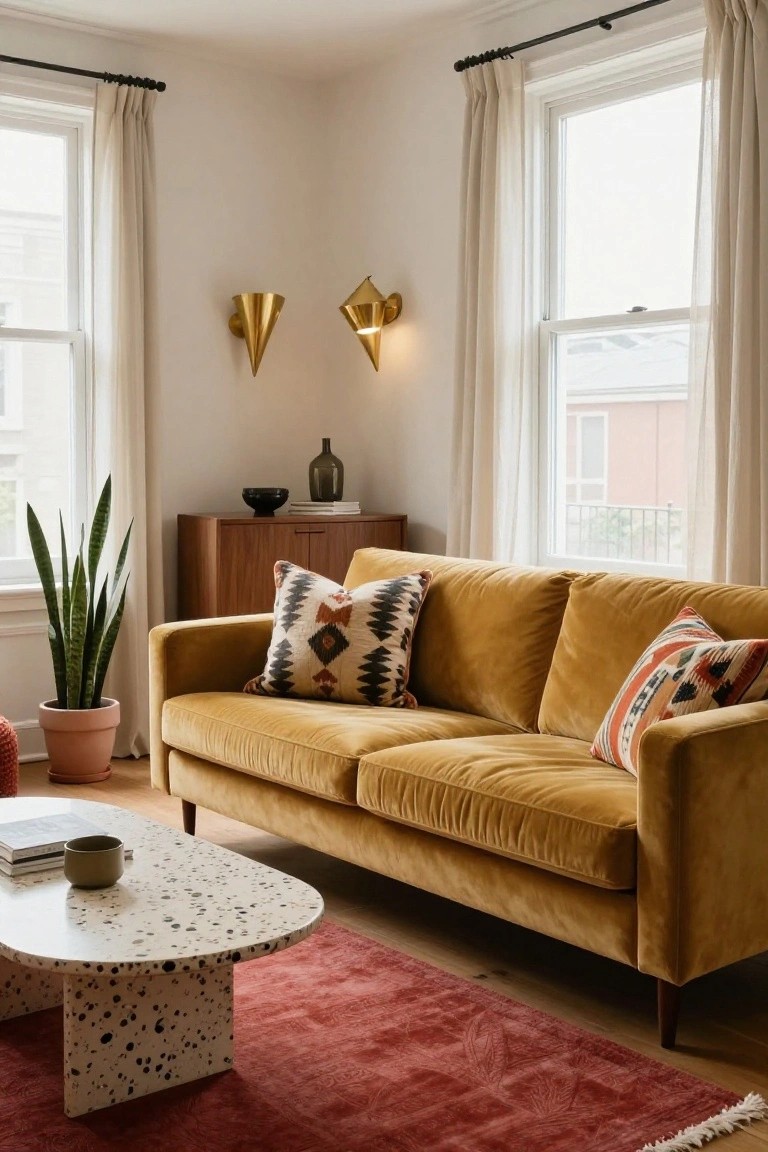 Mustard yellow velvet two-seater sofa with large geometric patterned pillows in black, white, orange, and terracotta accents, flanked by a wooden cabinet and snake plant in a white-walled living room with gold sconces, terrazzo coffee table, and red rug.