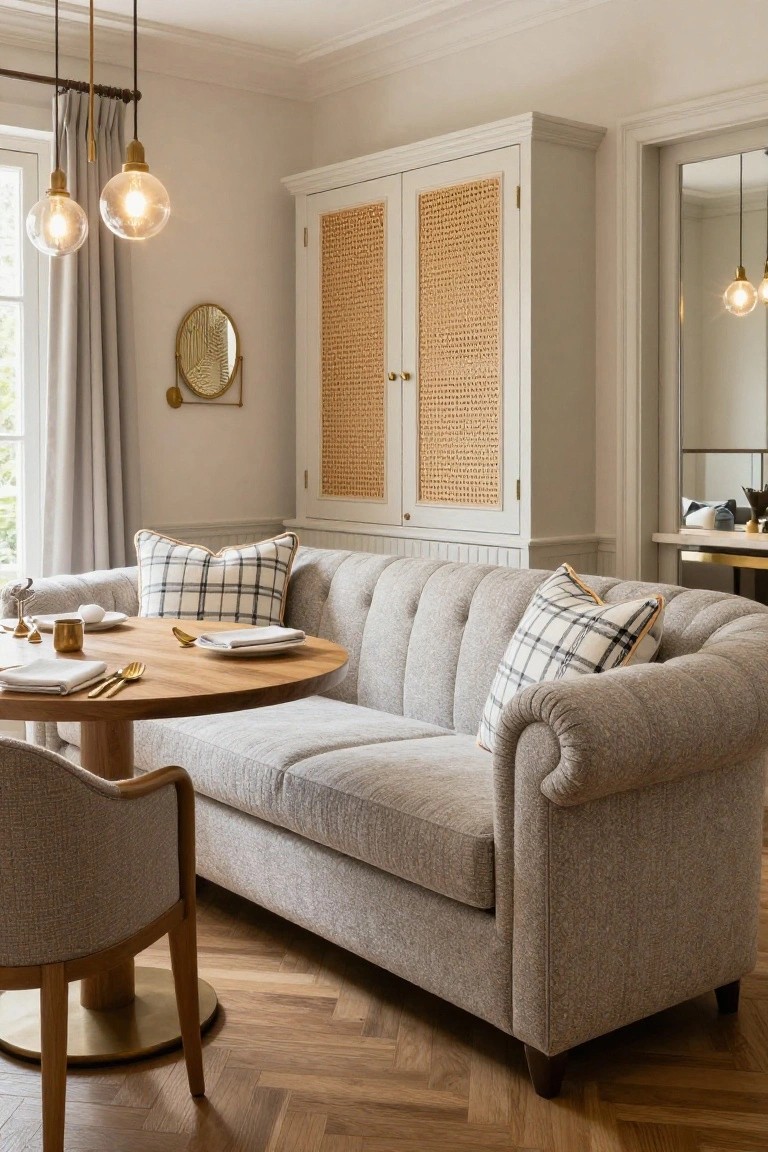 Gray tufted two-seater sofa with black-and-white checkered pillows and a round wooden table set with white plates and gold utensils in a light room with cane cabinetry and herringbone floors.