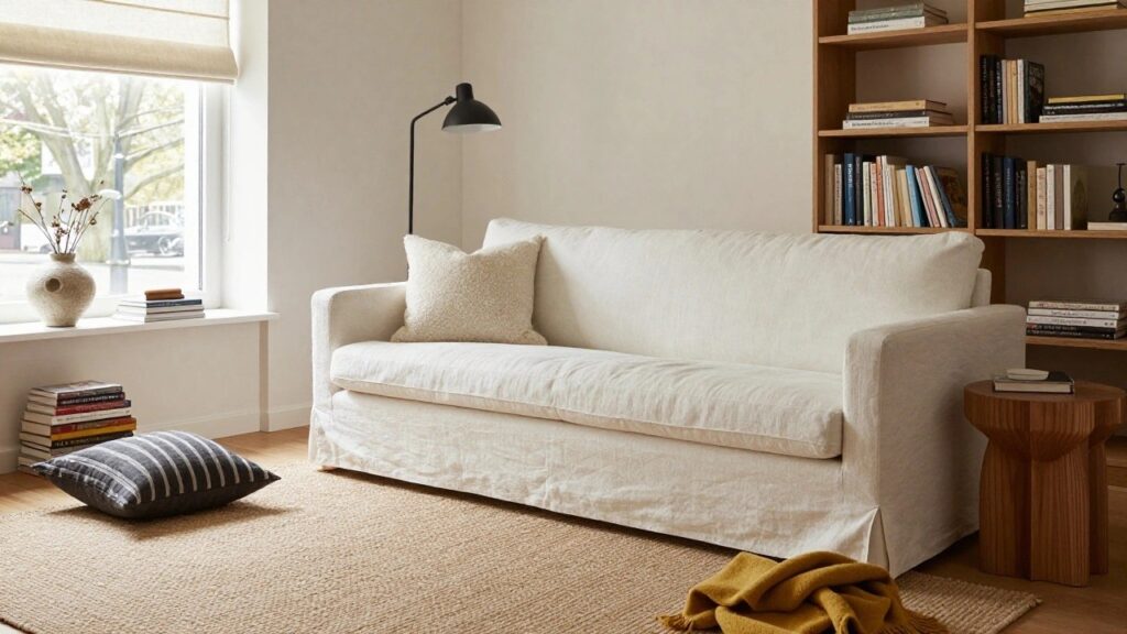 White slipcovered two-seater sofa with white square pillows, a gray patterned pillow, and yellow throw blanket in a light room with hardwood floor, wood coffee table, seagrass rug, and window view.