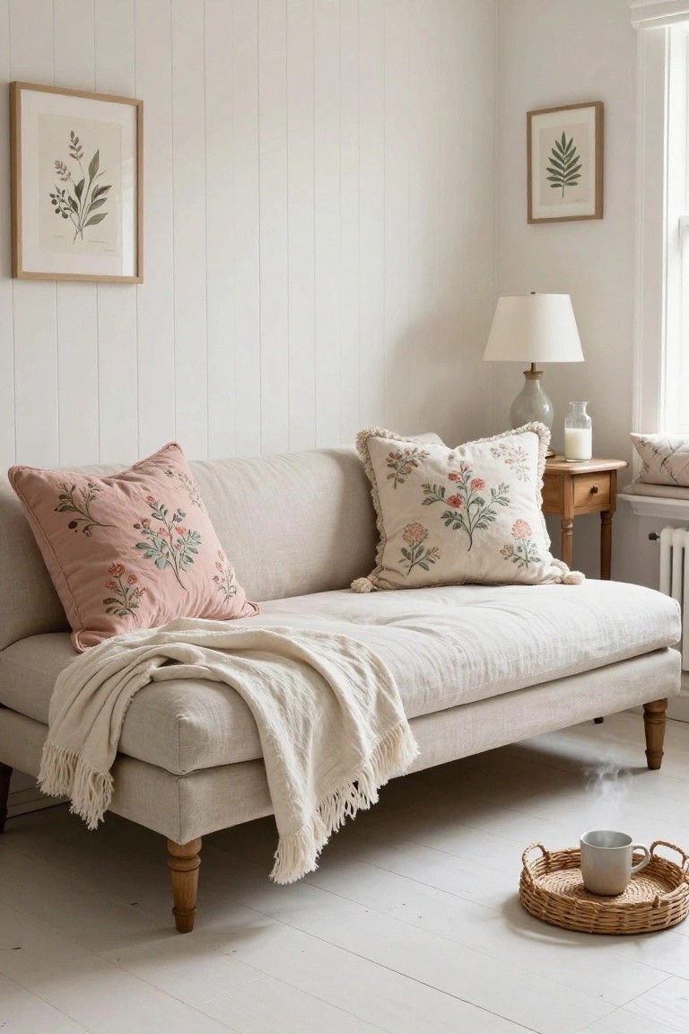 Cozy beige sofa with pink and floral pillows, throw blanket, and tea tray.