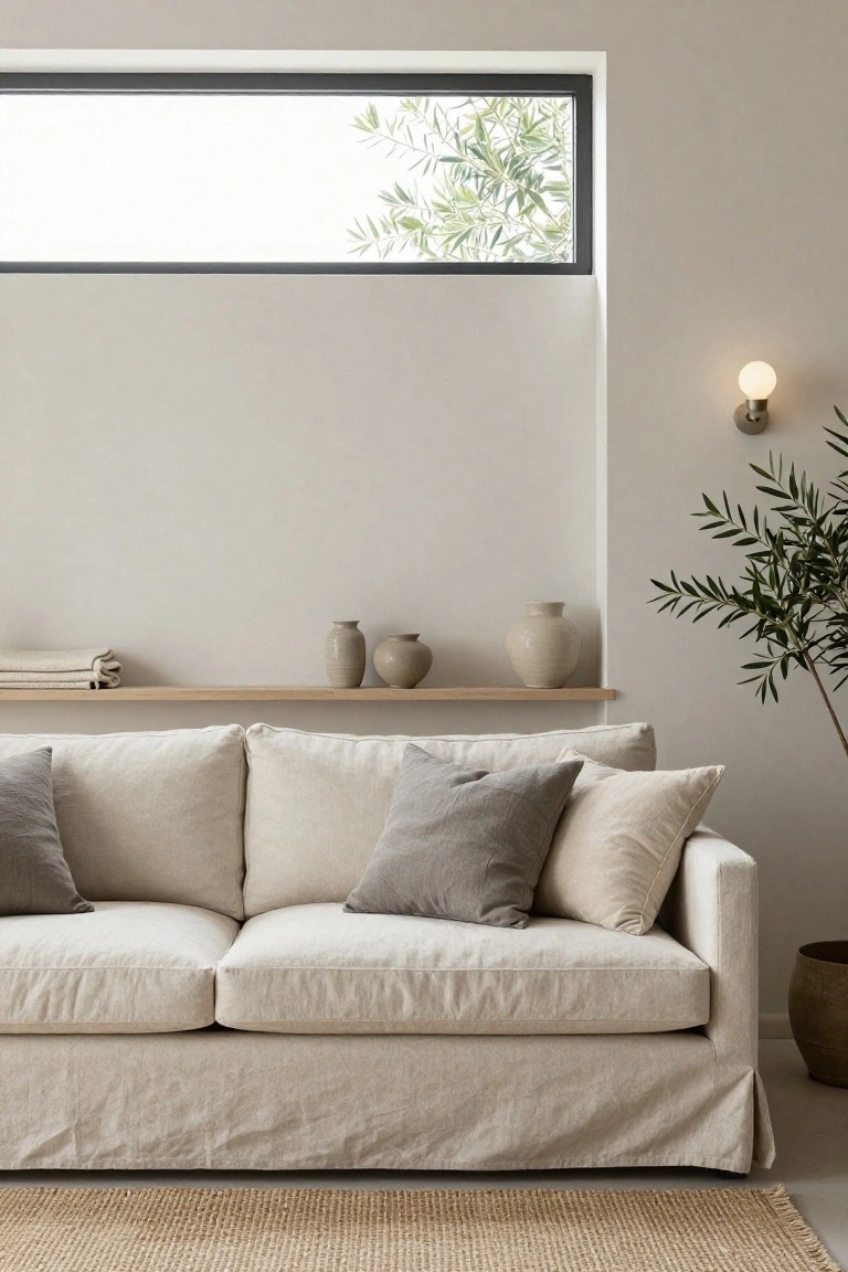 Beige linen two-seater sofa with layered gray and cream pillows against a light wall, beside shelves with vases, an olive plant, and a wall light in a neutral room with a window and seagrass rug.