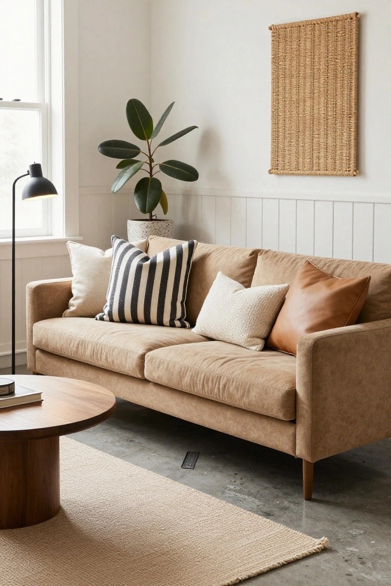 Modern living room with tan sofa, striped pillows, round wood coffee table, and potted plant.