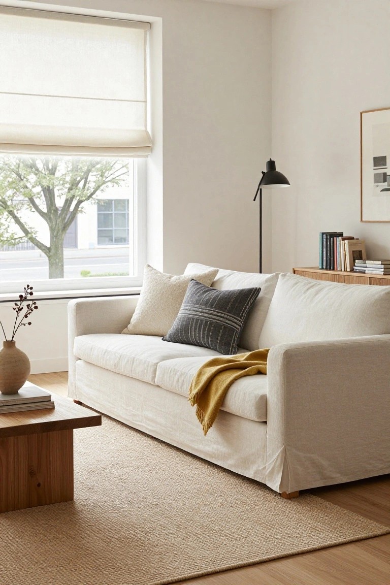 White slipcovered two-seater sofa with white square pillows, a gray patterned pillow, and yellow throw blanket in a light room with hardwood floor, wood coffee table, seagrass rug, and window view.