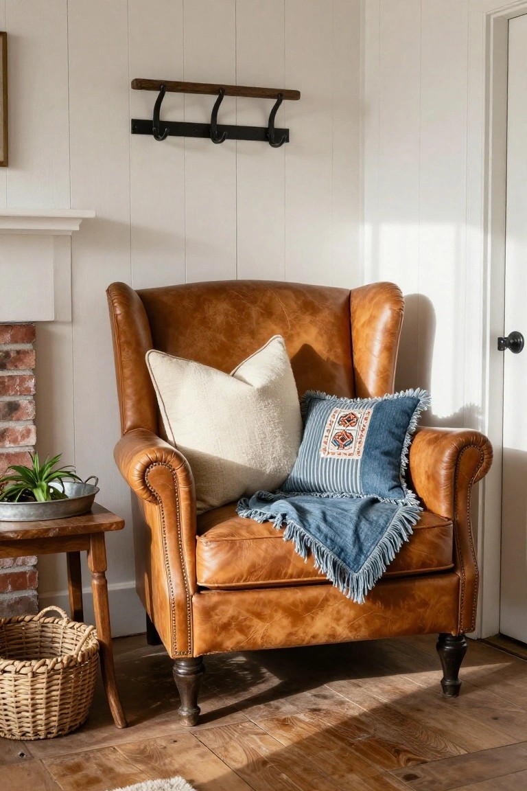 Tan leather wingback armchair with a large white pillow, blue embroidered pillow, and fringed blue throw in a white shiplap-walled room corner, beside wooden side table with potted plant and wicker basket, brick hearth nearby, hardwood floor.