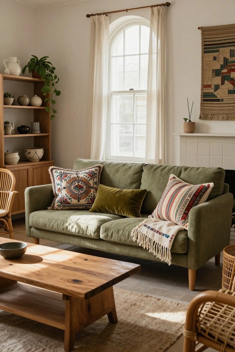 A sage green two-seater sofa with a large multicolored patterned pillow, green velvet pillow, striped pillow, and fringed throw draped over it in a sunlit living room featuring wooden shelves, plants, a coffee table, and rattan chairs.
