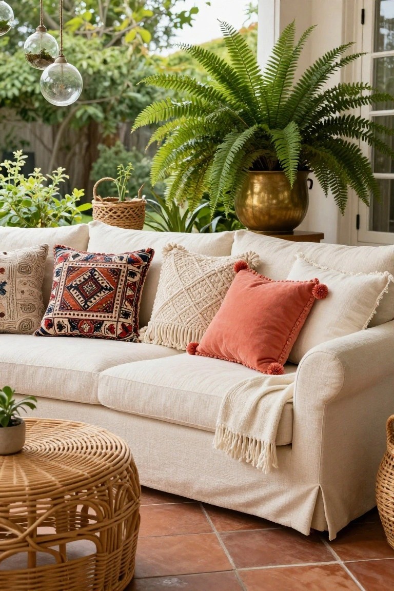 White slipcovered two-seater sofa on an outdoor patio with assorted patterned, macrame, and pom-pom pillows, rattan table, plants, and hanging glass lights.