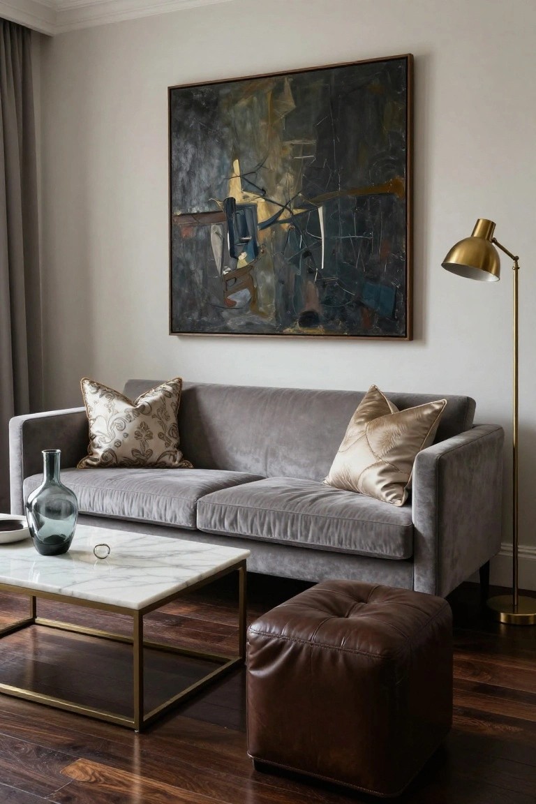 Gray velvet two-seater sofa with one cream patterned pillow and one gold satin quilted pillow, next to a marble-top coffee table and brown leather ottoman in a light living room with abstract wall art.