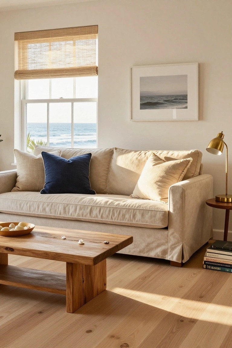 Beige slipcovered two-seater sofa with cream and navy pillows in a sunlit living room featuring bamboo shades on a window overlooking the ocean, a wooden coffee table with shells, and stacked books nearby.