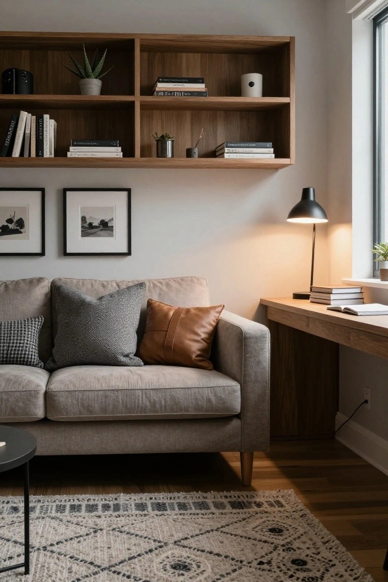 Beige two-seater sofa with large gray patterned pillow, tan leather pillow, and small checkered pillow in a living room featuring wooden bookshelves, desk, lamp, and rug.