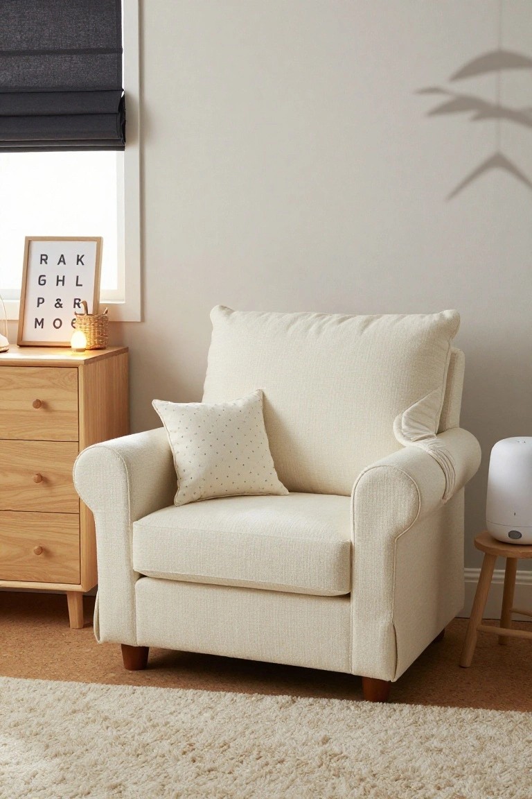 A light beige tufted armchair with a small square pillow covered in subtle white dots, positioned in a pale gray bedroom beside a wooden dresser, humidifier, and stool on a cream rug.