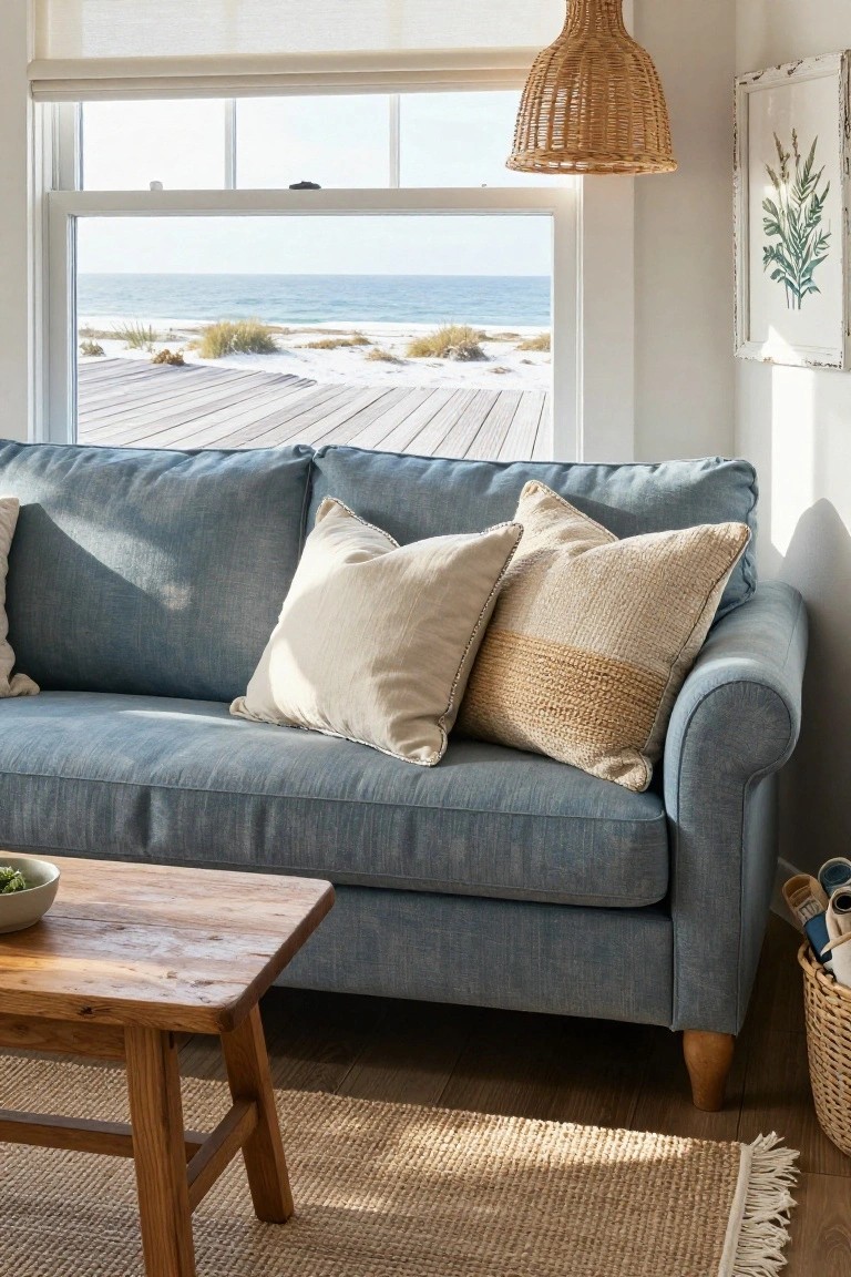 Blue linen two-seater sofa with cream solid pillows and beige braided pillows in a sunlit living room featuring large windows to a beach deck and ocean.