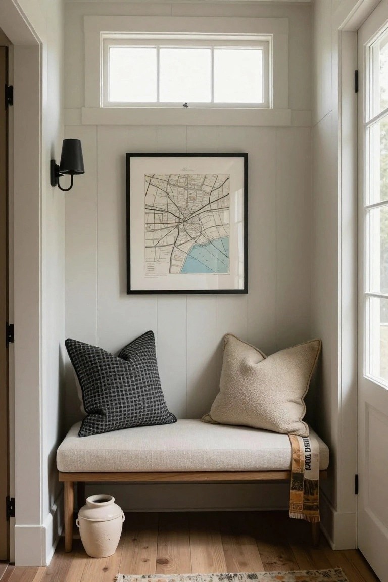Light gray paneled hallway nook with beige bench seat holding black checkered pillow and cream shearling pillow, black-framed map on wall, black wall sconce, and terracotta pot on wood floor.