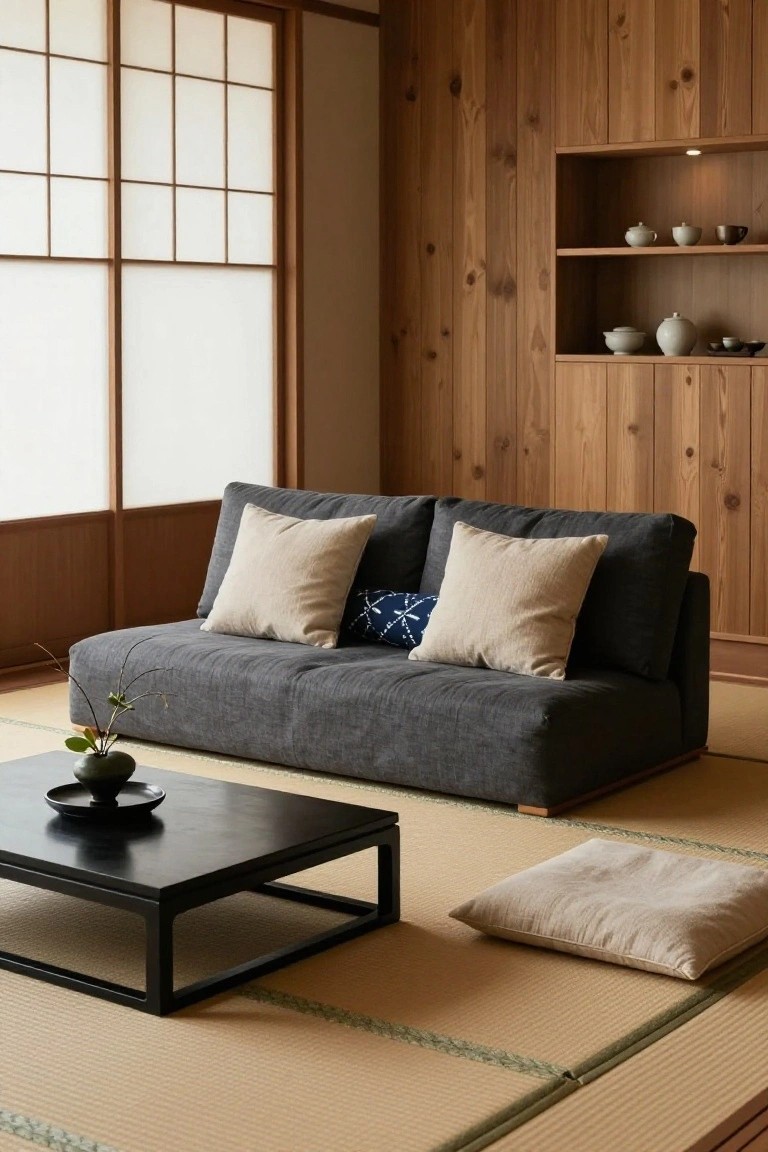 Gray two-seater sofa with two large beige pillows on the sides and a small blue patterned pillow in the center, in a Japanese-style room with wooden walls, shoji screens, black low table holding a plant, and tatami mats.