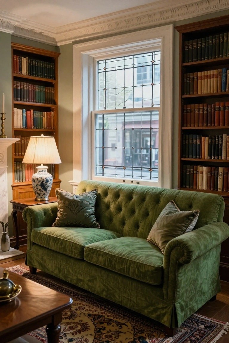 Green velvet tufted sofa in a cozy library with bookshelves and window.