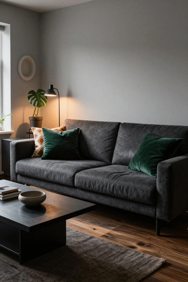Gray two-seater sofa with green velvet pillows and orange patterned cushions next to a black coffee table, monstera plant, and floor lamp in a light gray room with wood floors.